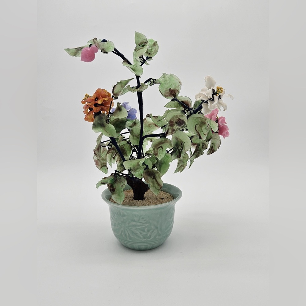 Vintage Chinese Jade & Gemstone Bonsai Tree Hand-Carved Stone in Celadon Pot